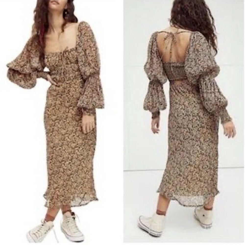FREE PEOPLE AGLOW SMOCKED LONG SLEEVE MIDI DRESS IN TEA COMBO Victorian women S